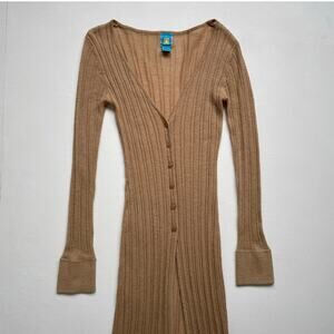 Vtg Y2K Tan Knit Ribbed Long Cardigan / Sz M / Weekends / Button Up Euro Grunge